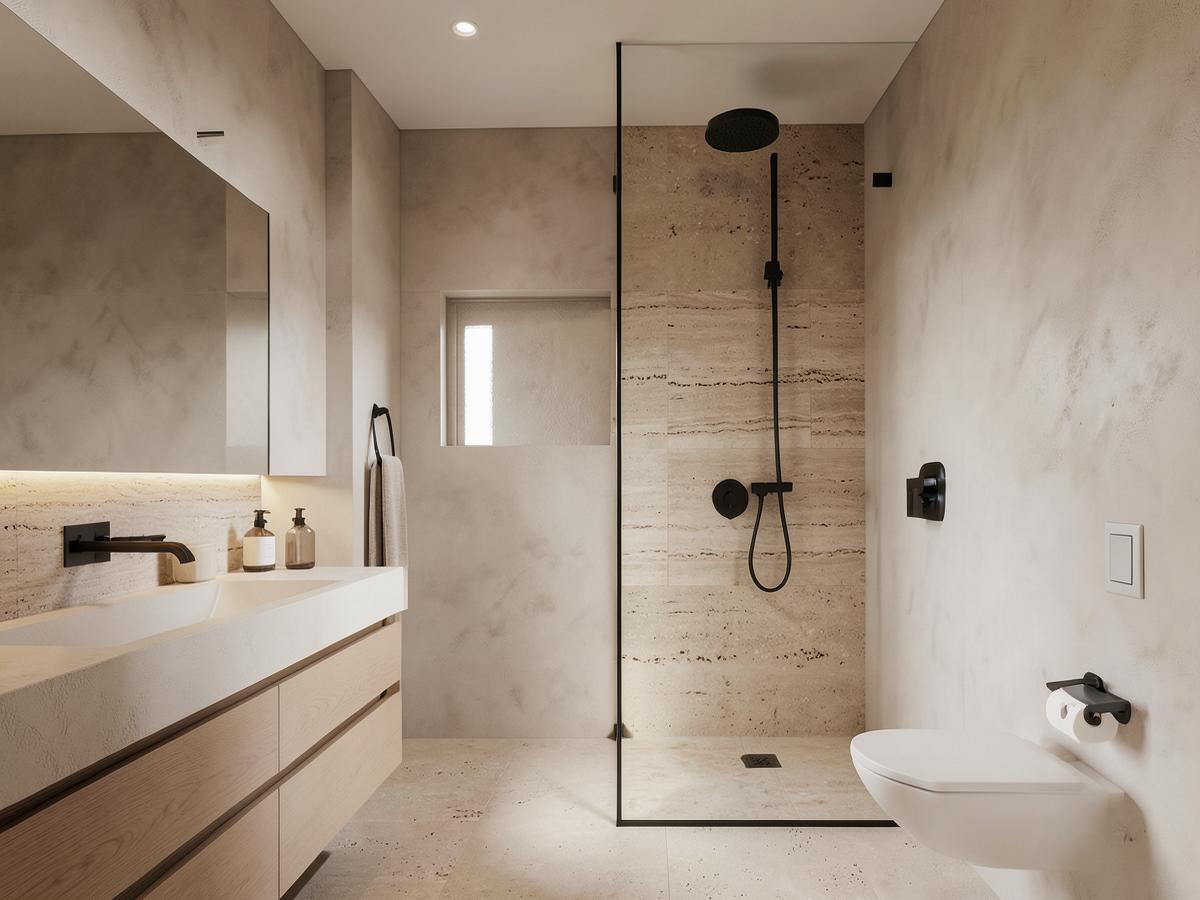 Reforma de baño en barrio de Salamanca Madrid con microcemento y travertino